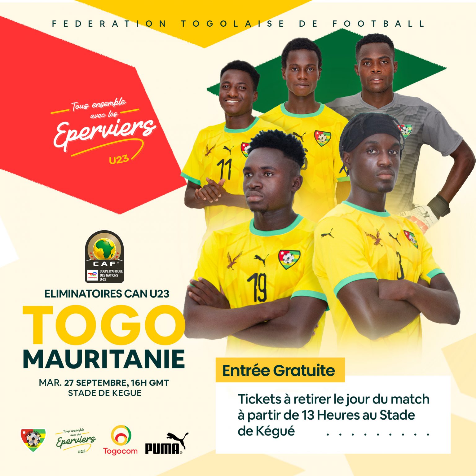 Togo-Mauritanie | match retour du premier tour éliminatoire de la CAN U-23 : L’entrée est libre et gratuite !
